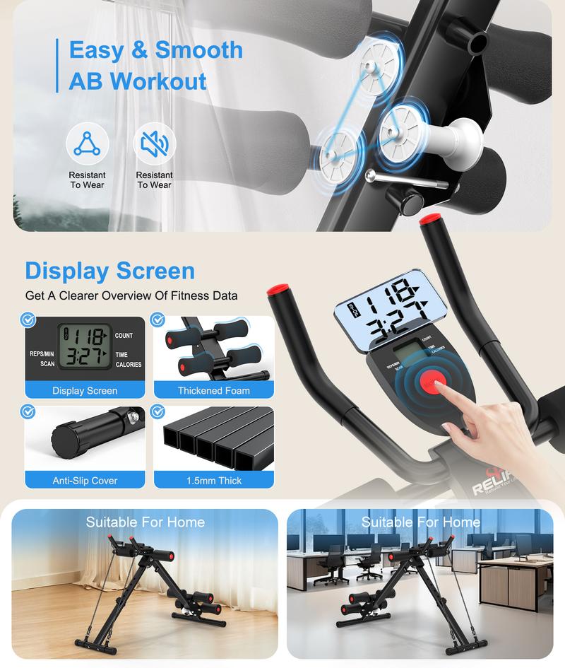 Foldable Ab Machine - Adjustable Core Trainer with  Display - Compact Abdominal Trainer Home Workout Equipment